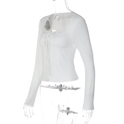Long sleeve lace hem solid self tie top  | Festival Outfits Women