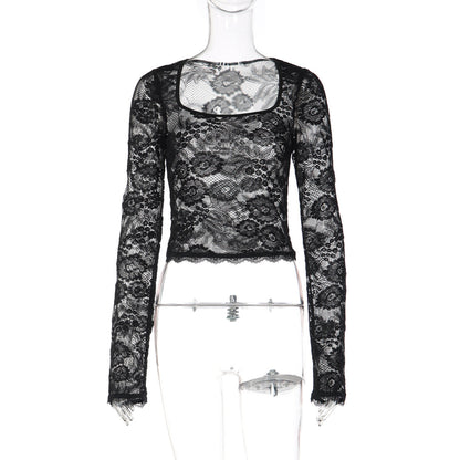 Long sleeve lace square neck see through top  | Festival Outfits Women