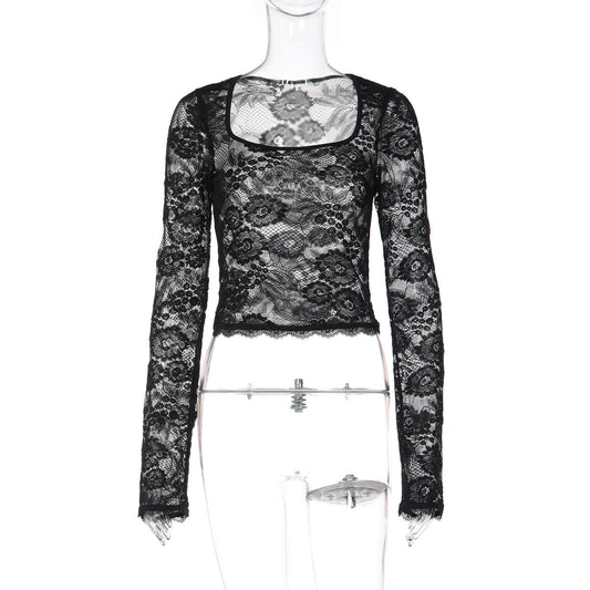 Long sleeve lace square neck see through top  | Festival Outfits Women