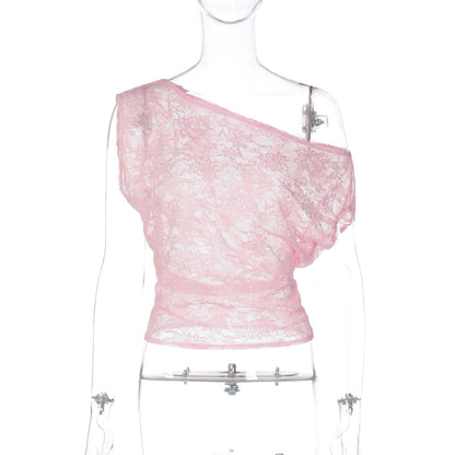 One shoulder irregular lace see through top  | Festival Outfits Women