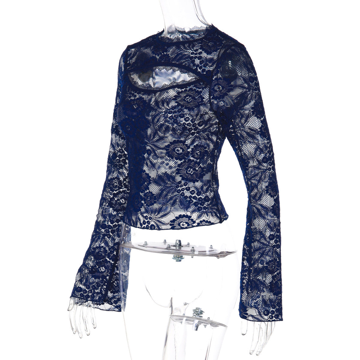 Lace hollow out long sleeve see through top  | Festival Outfits Women