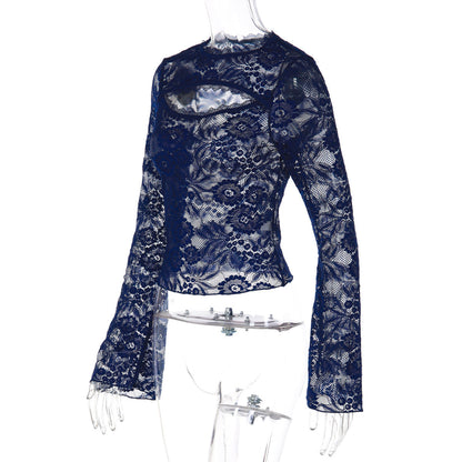 Lace hollow out long sleeve see through top  | Festival Outfits Women