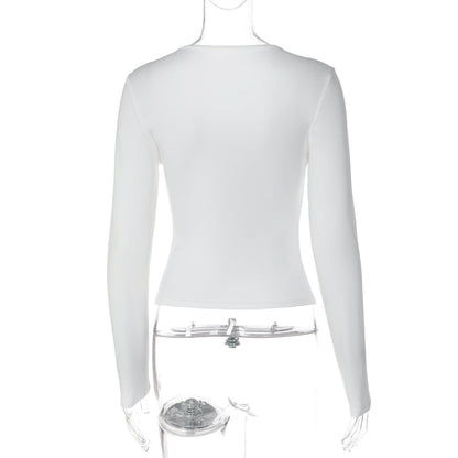 Long sleeve lace hem solid self tie top  | Festival Outfits Women