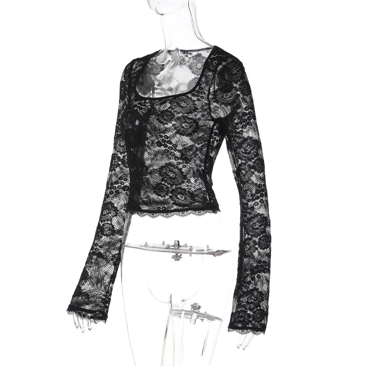 Long sleeve lace square neck see through top  | Festival Outfits Women