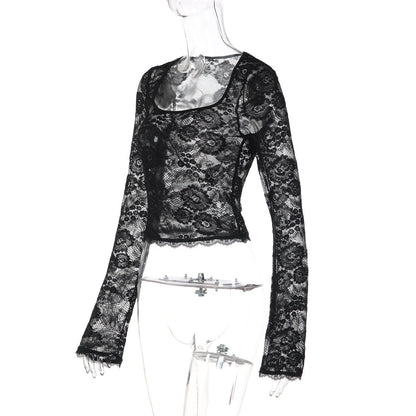 Long sleeve lace square neck see through top  | Festival Outfits Women