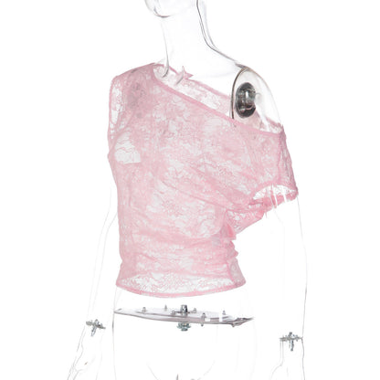 One shoulder irregular lace see through top  | Festival Outfits Women