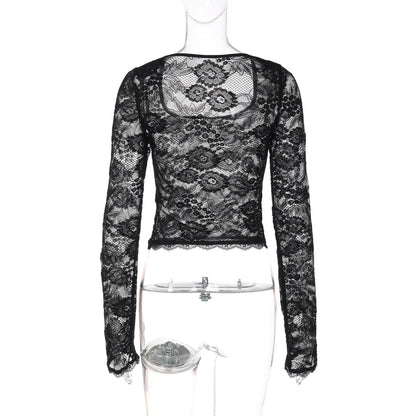 Long sleeve lace square neck see through top  | Festival Outfits Women