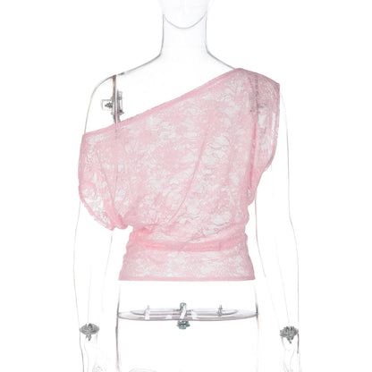 One shoulder irregular lace see through top  | Festival Outfits Women