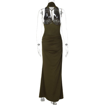 Ruched cowl neck backless solid maxi dress  | Festival Outfits Women