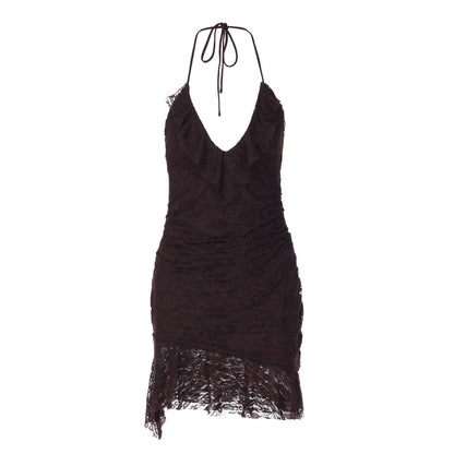 Halter self tie v neck ruffle lace ruched mini dress  | Festival Outfits Women