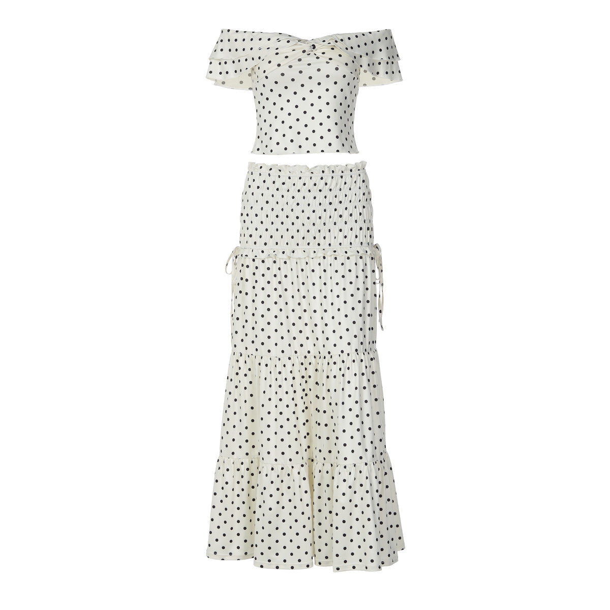 Polka dot ruffle off shoulder self tie maxi skirt set  | Festival Outfits Women