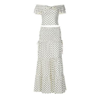 Polka dot ruffle off shoulder self tie maxi skirt set  | Festival Outfits Women