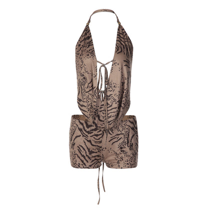 Halter self tie hollow out tiger print pant set  | Festival Outfits Women