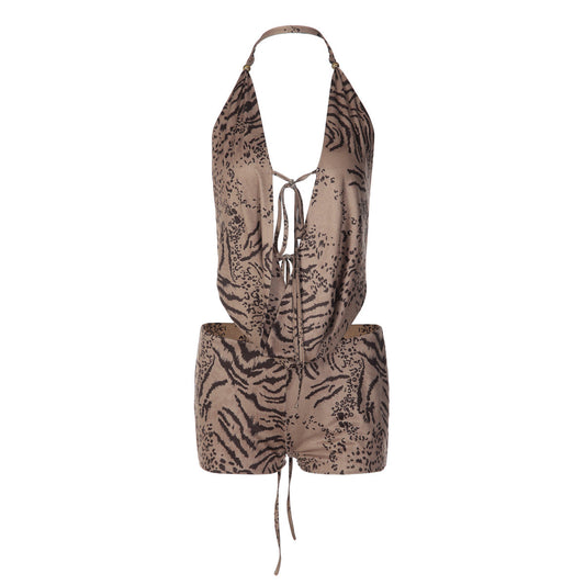 Halter self tie hollow out tiger print pant set  | Festival Outfits Women