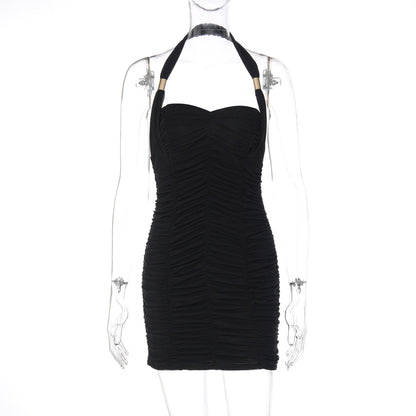 Halter ruched backless solid mini dress  | Festival Outfits Women