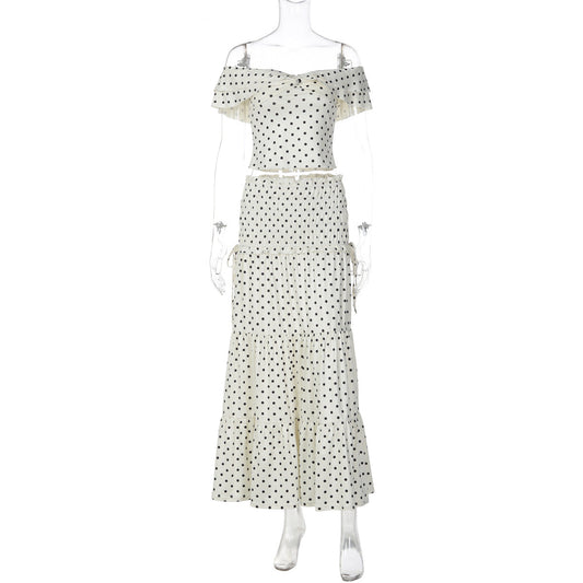 Polka dot ruffle off shoulder self tie maxi skirt set  | Festival Outfits Women
