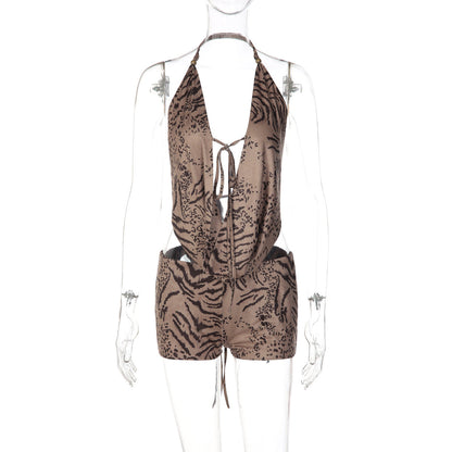 Halter self tie hollow out tiger print pant set  | Festival Outfits Women