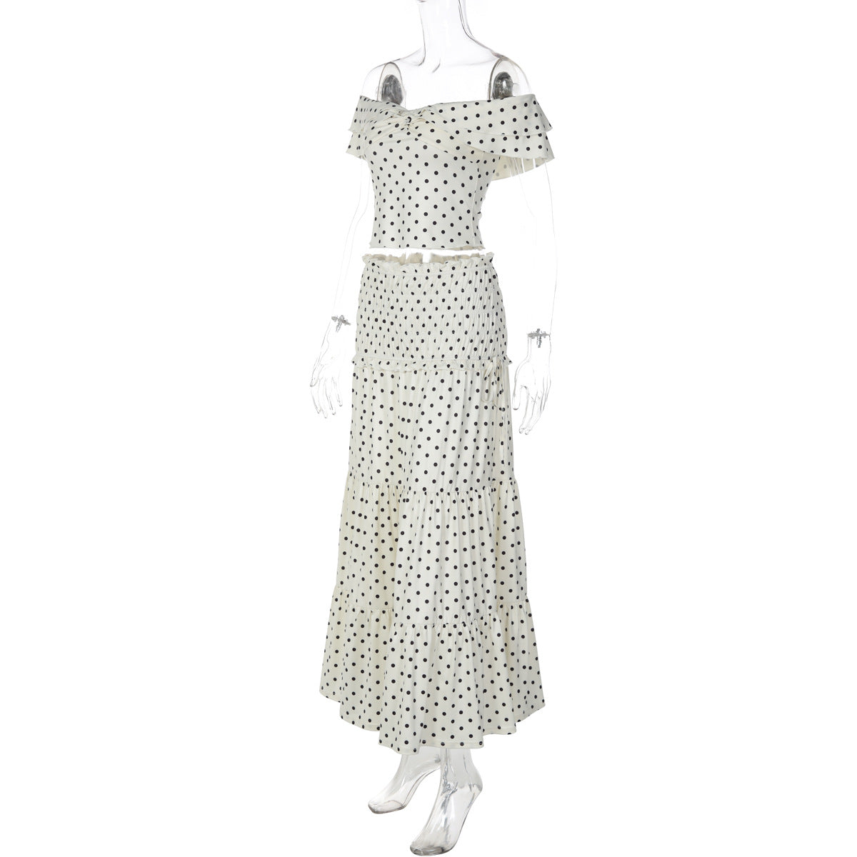 Polka dot ruffle off shoulder self tie maxi skirt set  | Festival Outfits Women