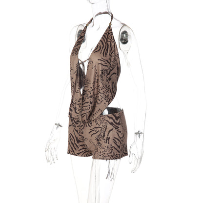Halter self tie hollow out tiger print pant set  | Festival Outfits Women