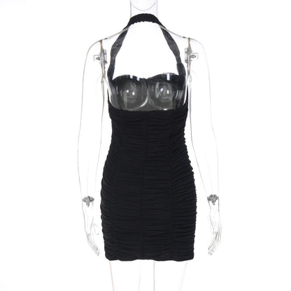 Halter ruched backless solid mini dress  | Festival Outfits Women