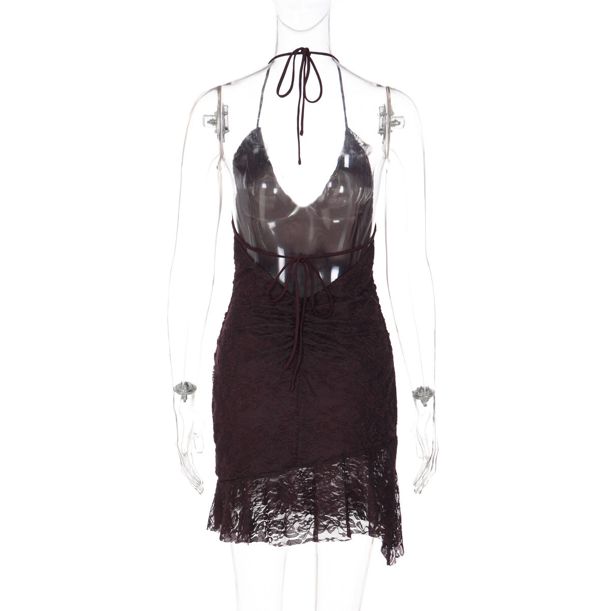 Halter self tie v neck ruffle lace ruched mini dress  | Festival Outfits Women