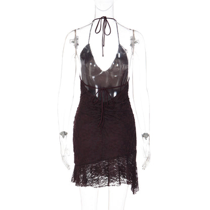 Halter self tie v neck ruffle lace ruched mini dress  | Festival Outfits Women