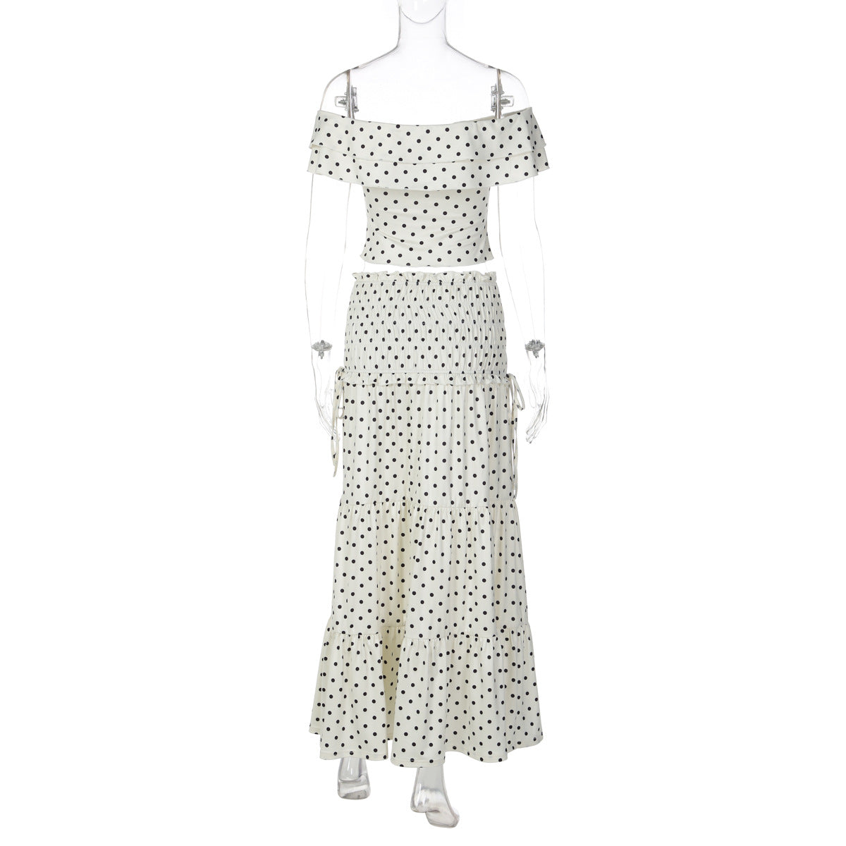 Polka dot ruffle off shoulder self tie maxi skirt set  | Festival Outfits Women