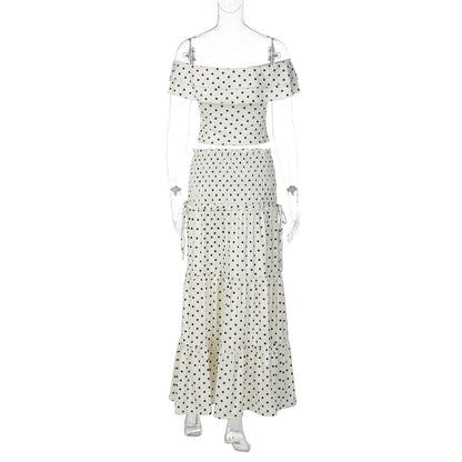 Polka dot ruffle off shoulder self tie maxi skirt set  | Festival Outfits Women