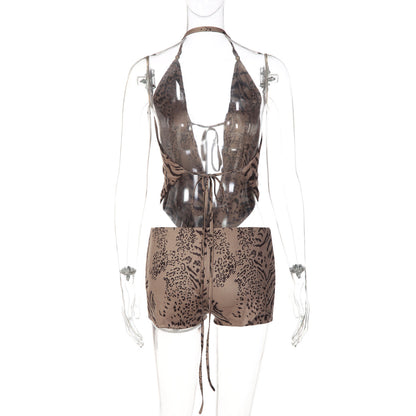 Halter self tie hollow out tiger print pant set  | Festival Outfits Women