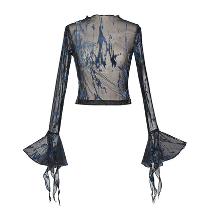Long flared sleeve mesh print metal chain top  | Festival Outfits Women