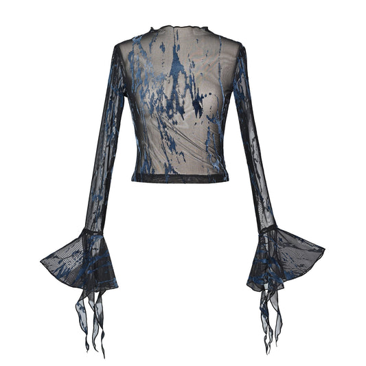 Long flared sleeve mesh print metal chain top  | Festival Outfits Women