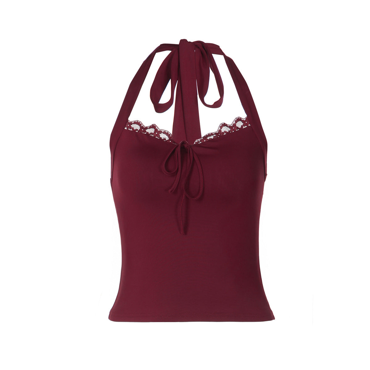 Self tie halter lace hem backless solid top  | Festival Outfits Women