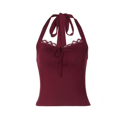 Self tie halter lace hem backless solid top  | Festival Outfits Women