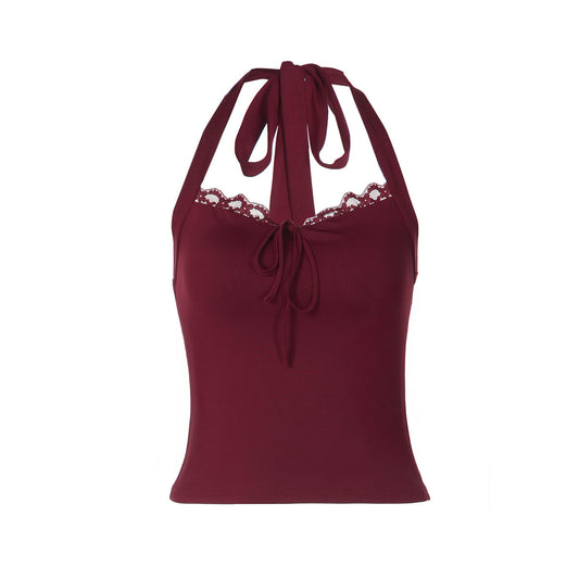Self tie halter lace hem backless solid top  | Festival Outfits Women