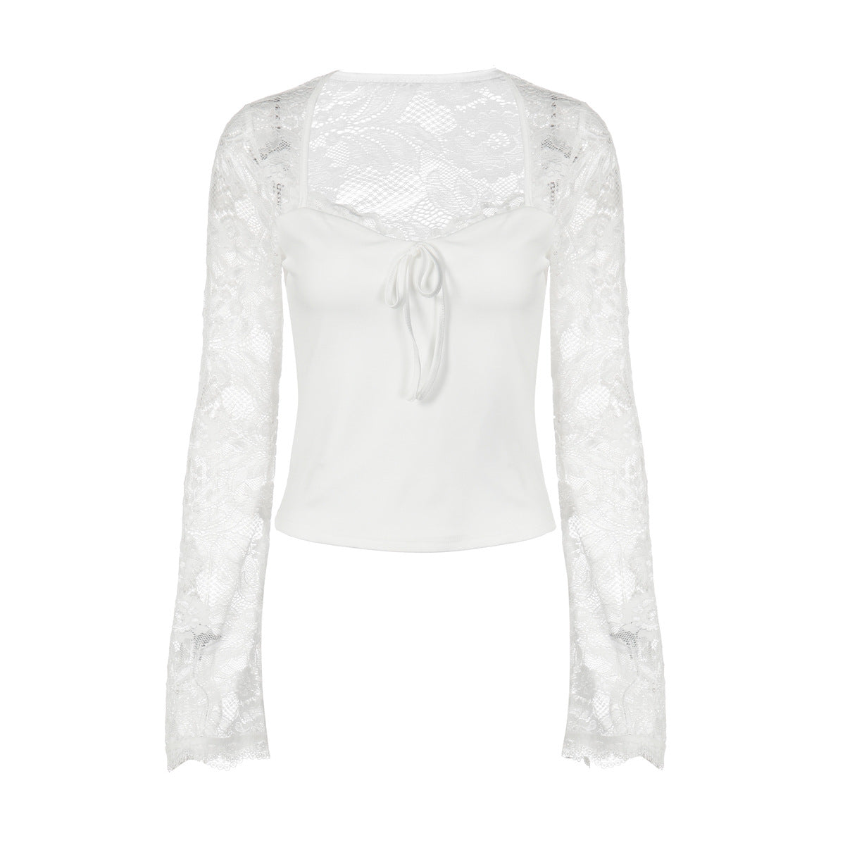 Long sleeve lace self tie solid patchwork top  | Festival Outfits Women
