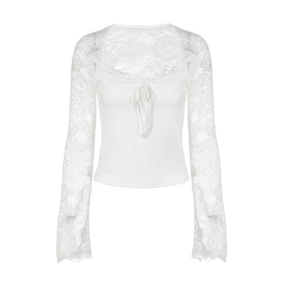 Long sleeve lace self tie solid patchwork top  | Festival Outfits Women