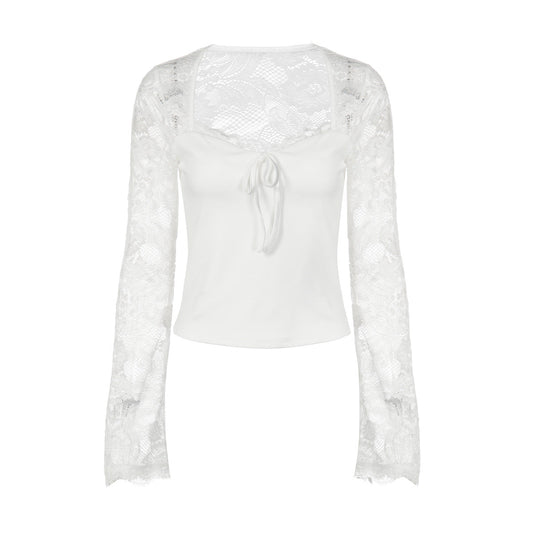 Long sleeve lace self tie solid patchwork top  | Festival Outfits Women