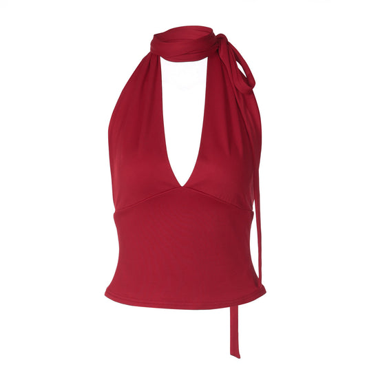 Halter self tie v neck backless solid top  | Festival Outfits Women