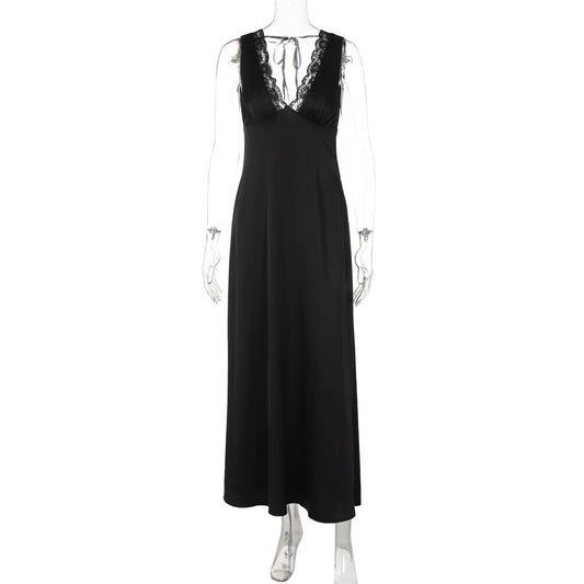 Lace hem v neck self tie backless maxi dress  | Festival Outfits Women
