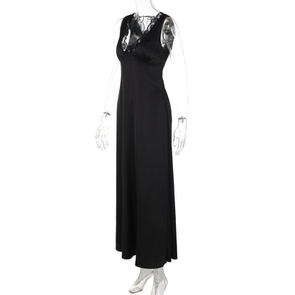 Lace hem v neck self tie backless maxi dress  | Festival Outfits Women