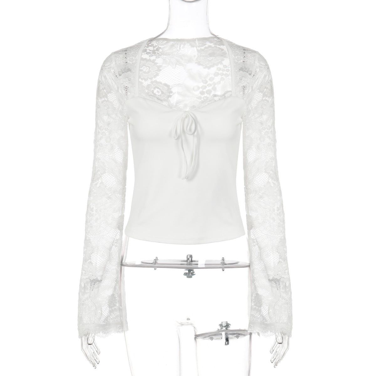 Long sleeve lace self tie solid patchwork top  | Festival Outfits Women