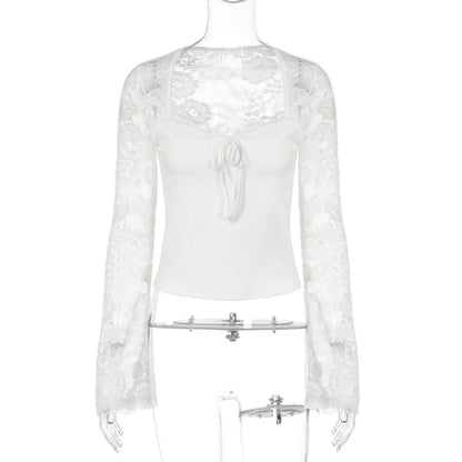 Long sleeve lace self tie solid patchwork top  | Festival Outfits Women
