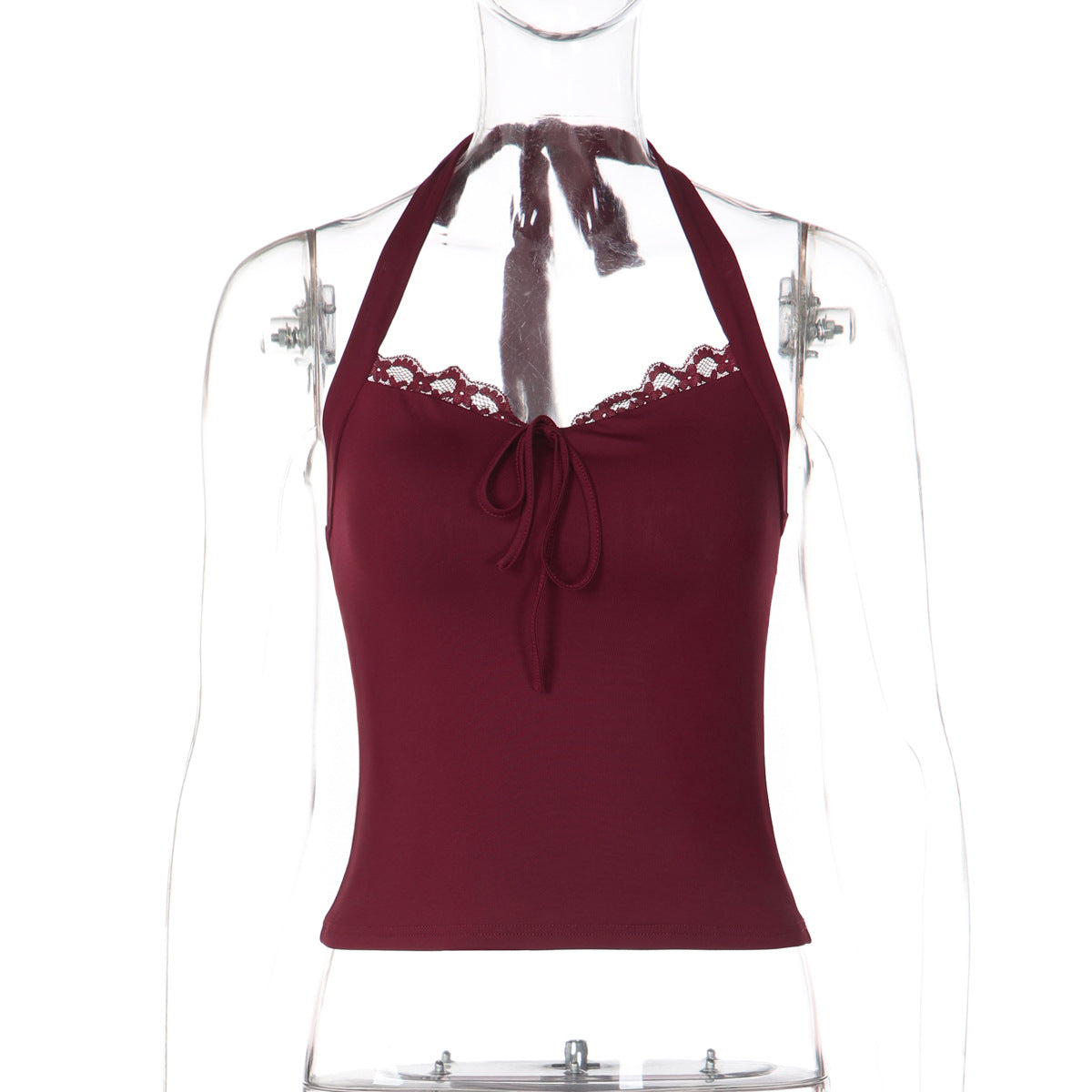 Self tie halter lace hem backless solid top  | Festival Outfits Women
