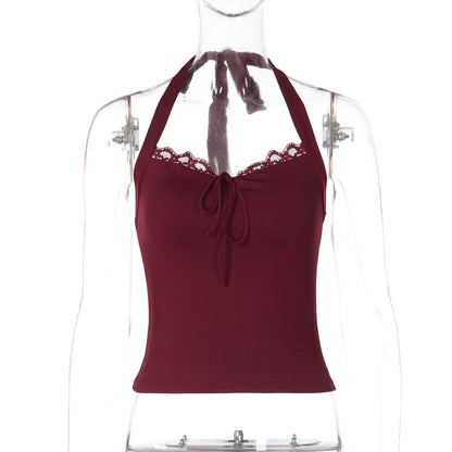 Self tie halter lace hem backless solid top  | Festival Outfits Women