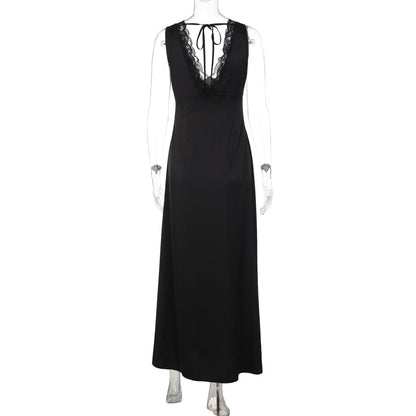 Lace hem v neck self tie backless maxi dress  | Festival Outfits Women