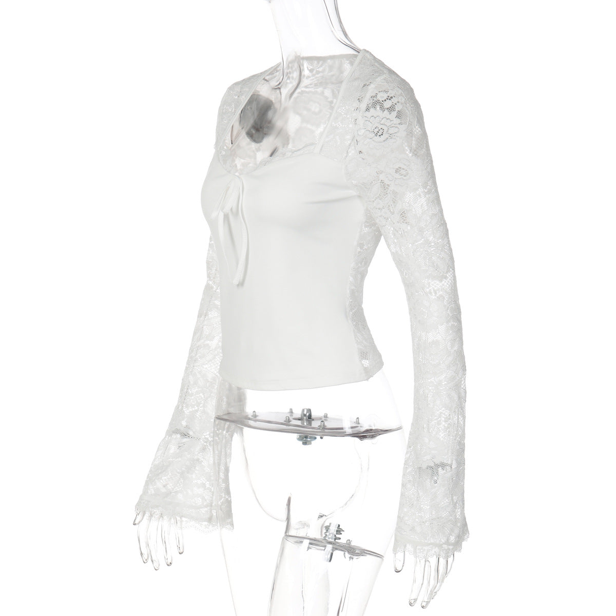 Long sleeve lace self tie solid patchwork top  | Festival Outfits Women