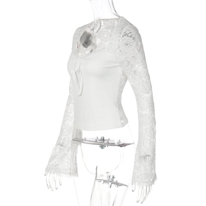 Long sleeve lace self tie solid patchwork top  | Festival Outfits Women