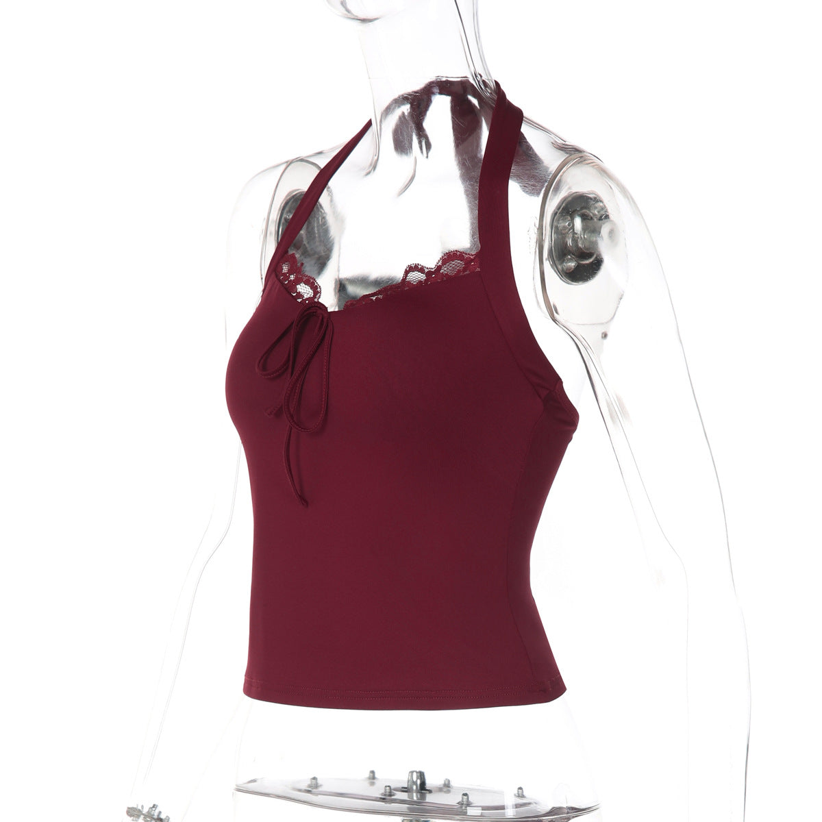 Self tie halter lace hem backless solid top  | Festival Outfits Women