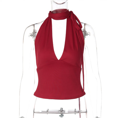 Halter self tie v neck backless solid top  | Festival Outfits Women