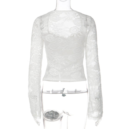 Long sleeve lace self tie solid patchwork top  | Festival Outfits Women
